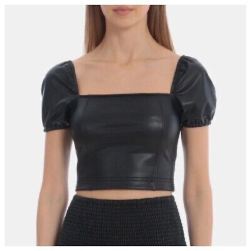 Black Faux Leather Puff Sleeve Crop Top